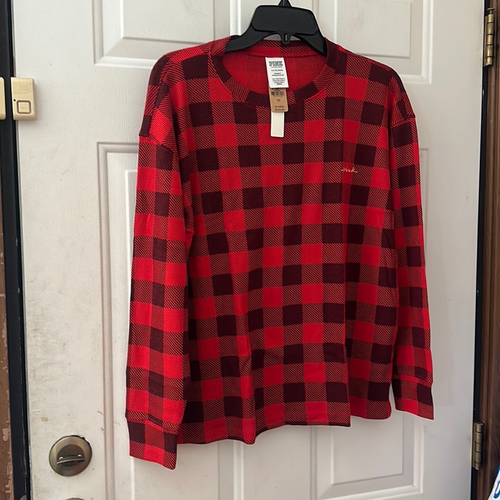 VICTORIA’S SECRET PINK PLAID/CHECK THERMAL SLEEP TOP: RED/BLACK: NWT: SIZE S
